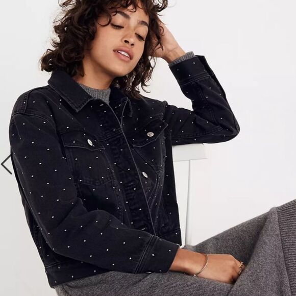 Madewell The Boxy Crop Black Denim Jean Jacket Metallic Dot Edition Women's XS - Picture 1 of 13